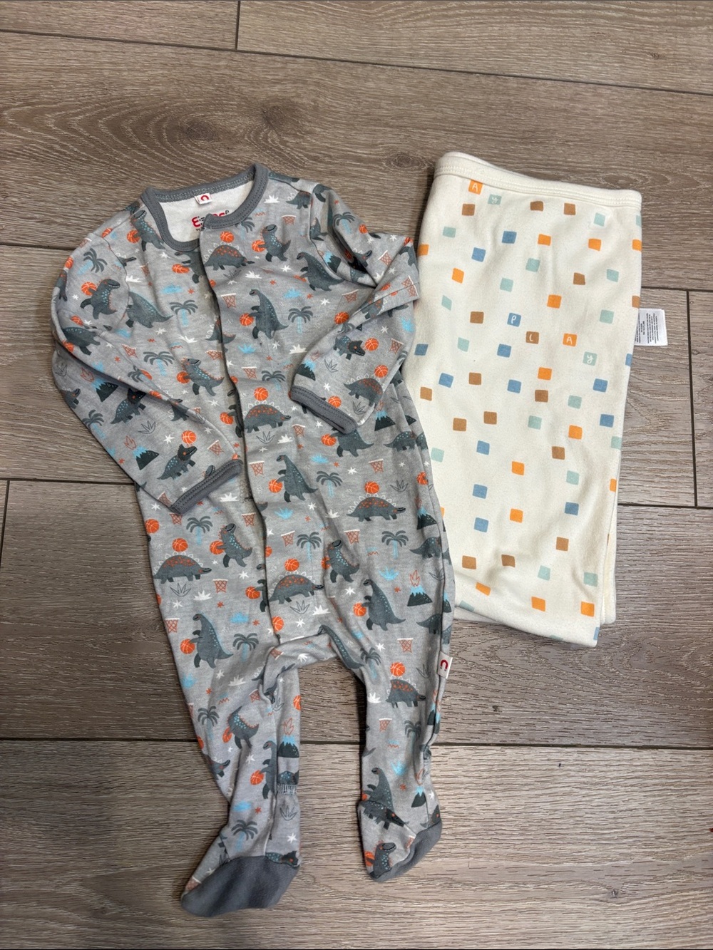 Magnetic Me Gray Pajama Set w/Dinosaur & Basketball Print & receiving blanket